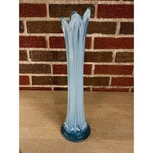 Antique EAPG Blue Opalescent Swung Vase Ribbed Feather Pattern Art Glass